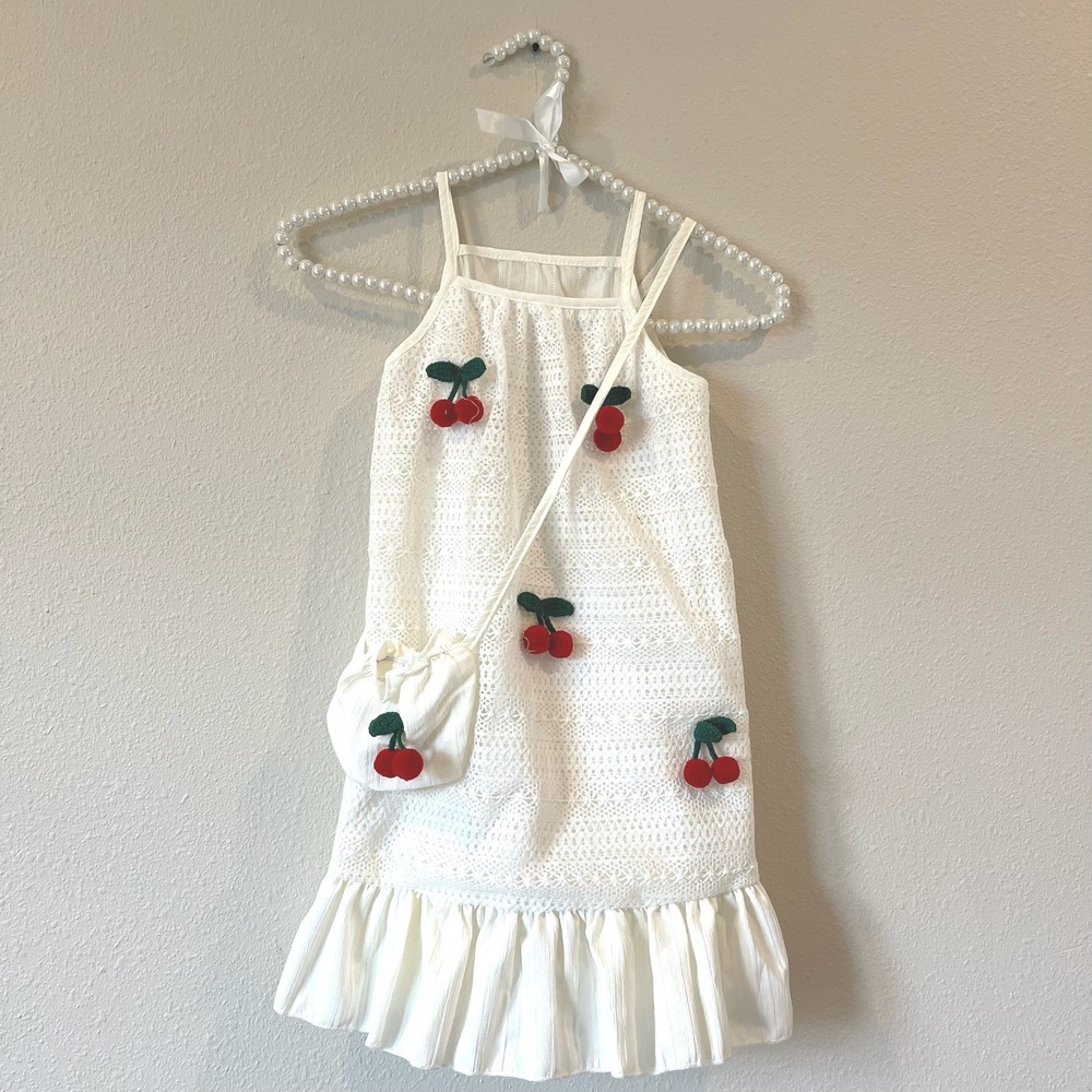 Boutique White Eyelet Lace Cherry Sundress with Matching Pouch Kids 6Y